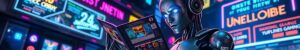 robot or cyborg reading maybe a book or magazine or newspaper or computer screen. Themes to keep in mind Fast-paced gameplay,Innovative card crafting,High replayability Unstoppable: A Deck-Building Triumph Fast, Sleeved, and Infinitely Powerful